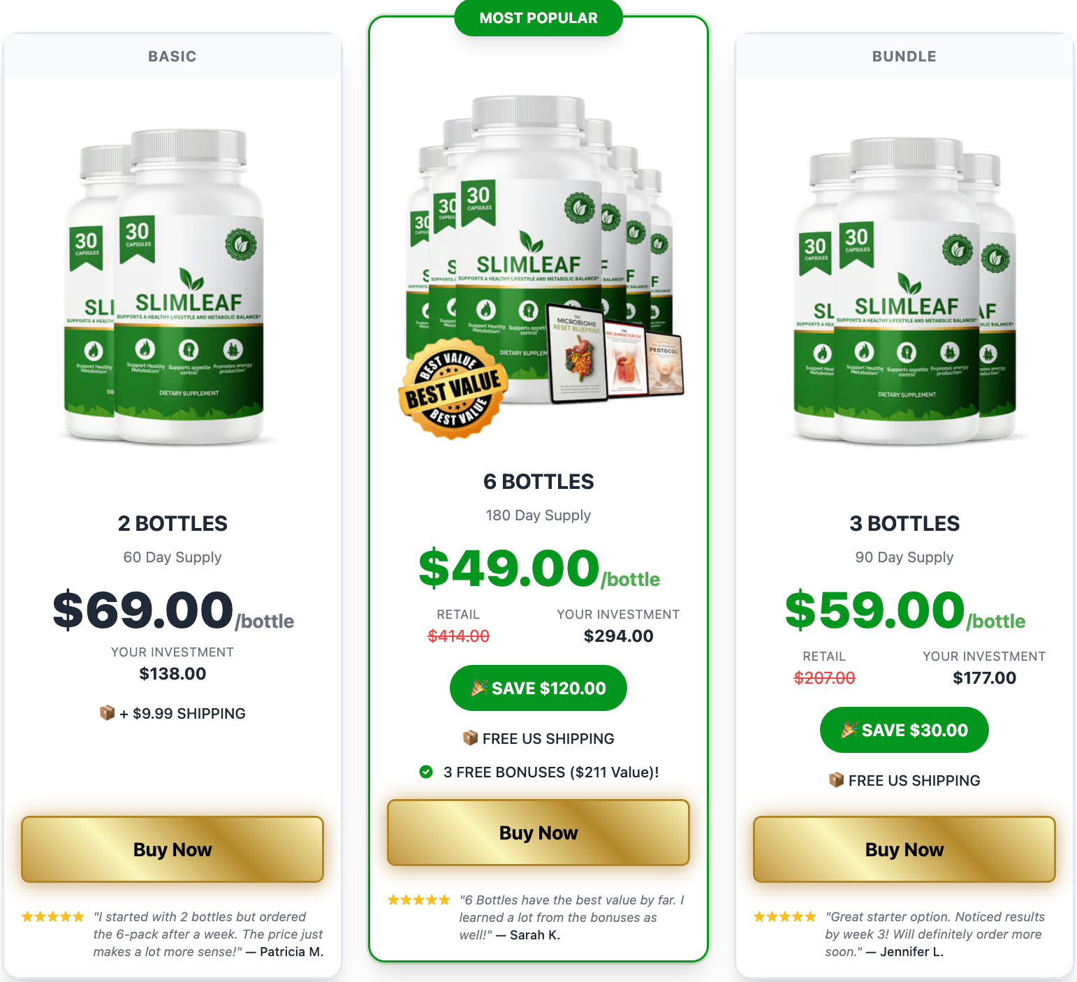 Slimleaf pricing packages — 2, 6, and 3 bottle options